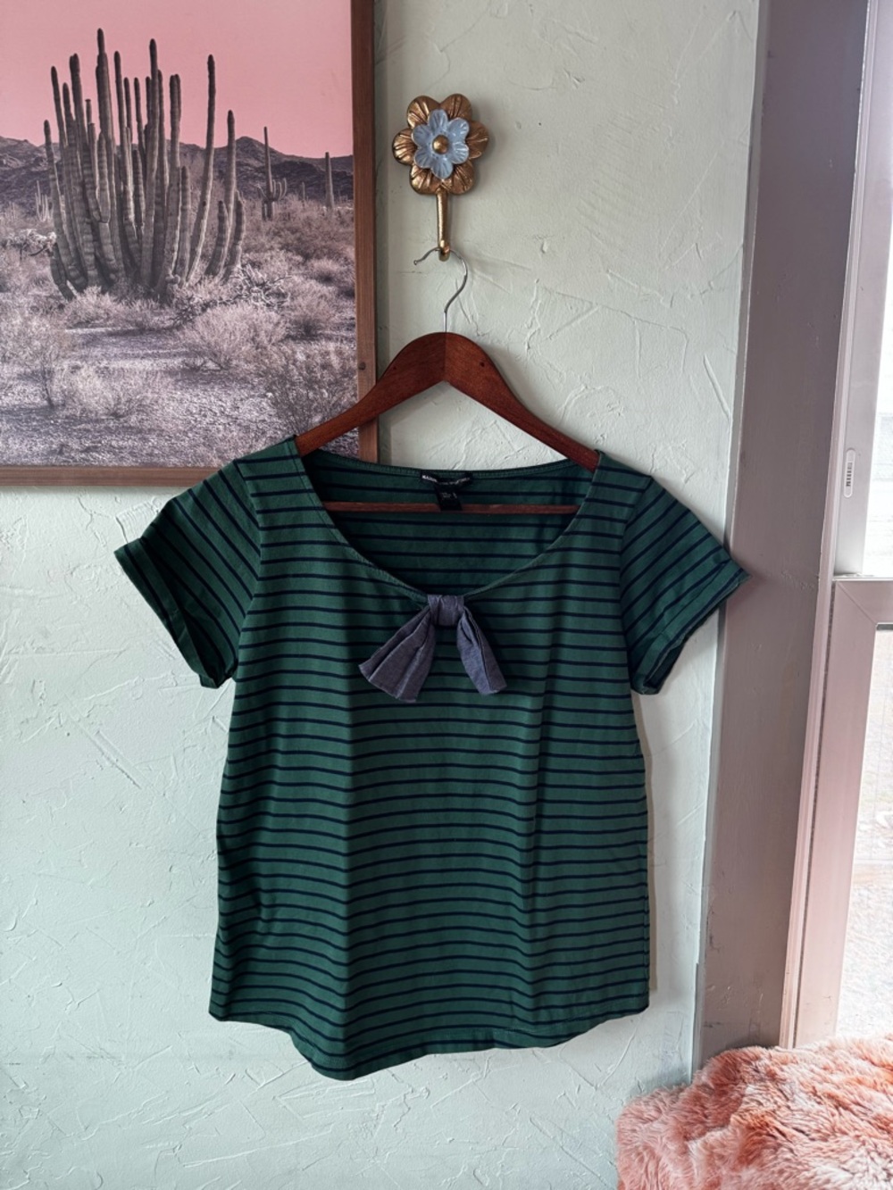 MNG Mango Striped Green Navy Bow-Accent Women's Top - Size Large